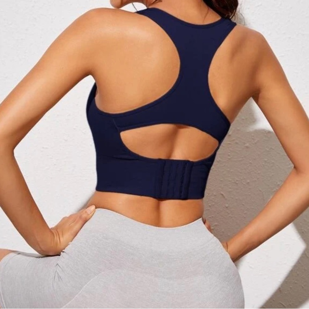 Navy blue cut out racerback cropped workout top sports bra size XS